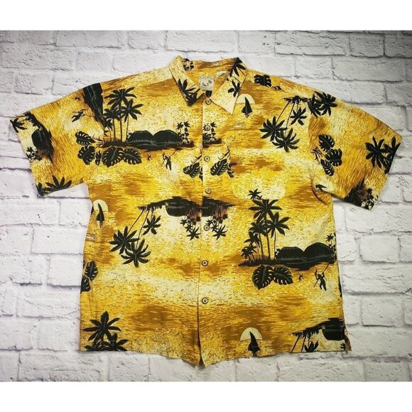 Colo Wear Means Size Large Yellow Black Hawaiian Short-Sleeve Button Front Shirt - Picture 1 of 5